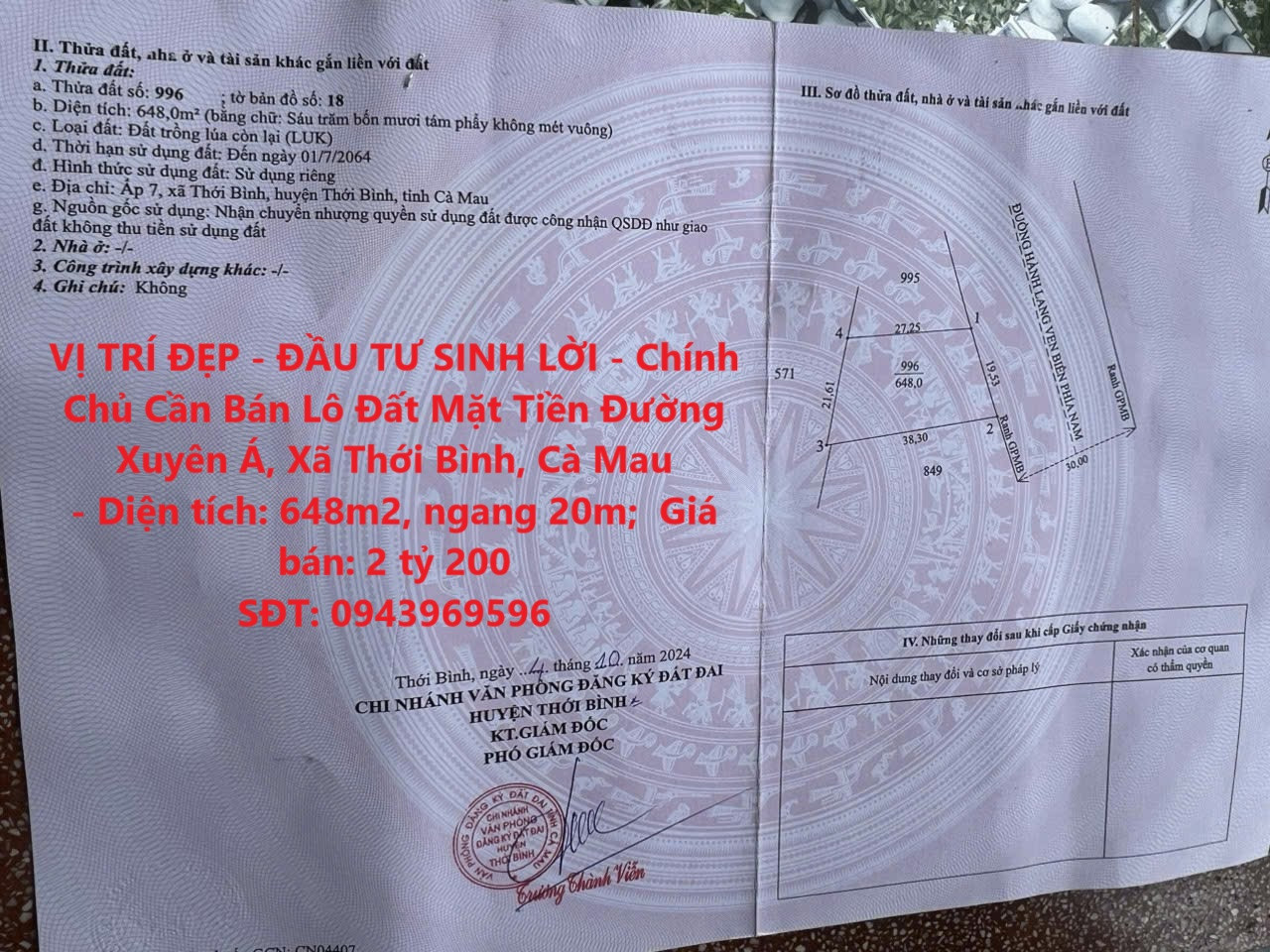 VỊ TRÍ ĐẸP - ĐẦU TƯ SINH LỜI - Chính Chủ Cần Bán Lô Đất Mặt Tiền Đường Xuyên Á, Xã Thới Bình, Cà Mau