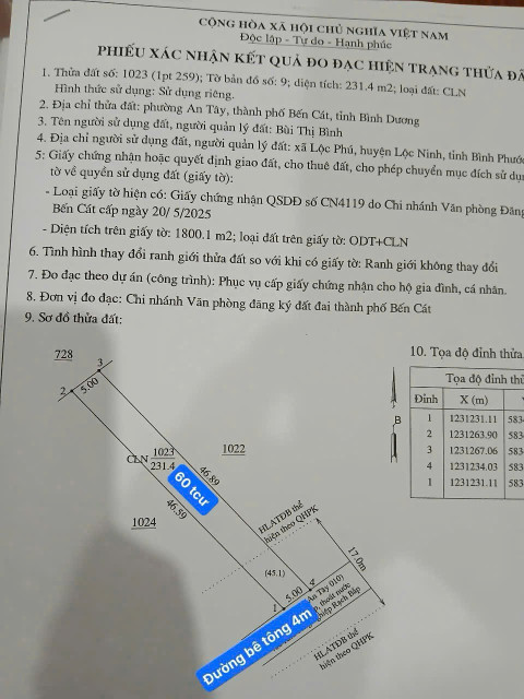 Bán đất An Tây Bến Cát 5x47 giá 1ty150
