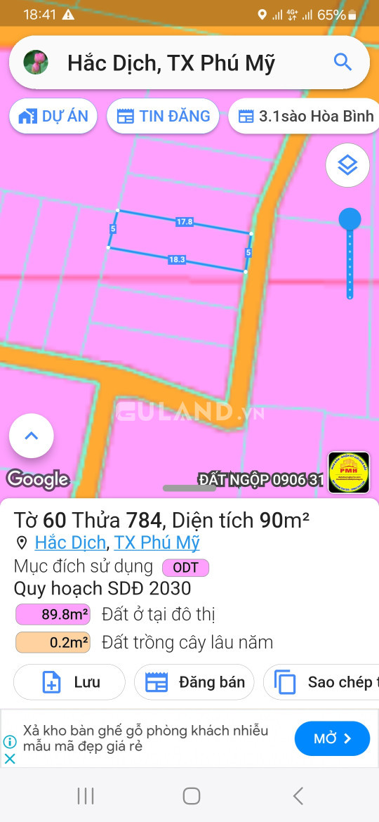 Đất thổ cư phường hắc Dịch. Tx Phú Mỹ