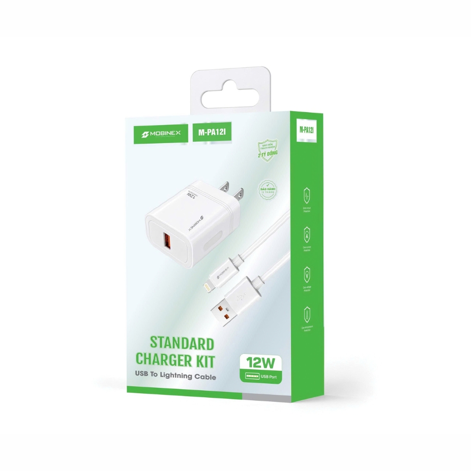 BỘ SẠC M-PA12I. THƯƠNG HIỆU MOBINEX. CÔNG SUẤT 12W, KÈM CÁP SẠC USB-A TO LIGHTNING