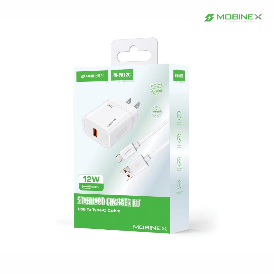 BỘ SẠC M-PA12C. THƯƠNG HIỆU MOBINEX. CÔNG SUẤT 12W, KÈM CÁP SẠC USB-A TO TYPE C