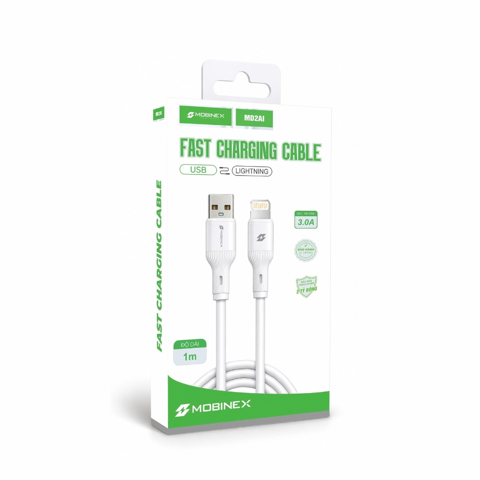 CÁP SẠC MOBINEX MD2AI - SẠC NHANH 3.0A, CHẤT LIỆU SILICONE, CHUẨN USB-A TO LIGHTNING, DÀI 1M 