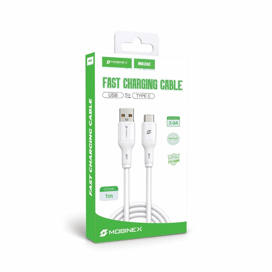 CÁP SẠC MOBINEX MD2AC - SẠC NHANH 3.0A, CHẤT LIỆU SILICONE, CHUẨN USB-A TO TYPE C, DÀI 1M 