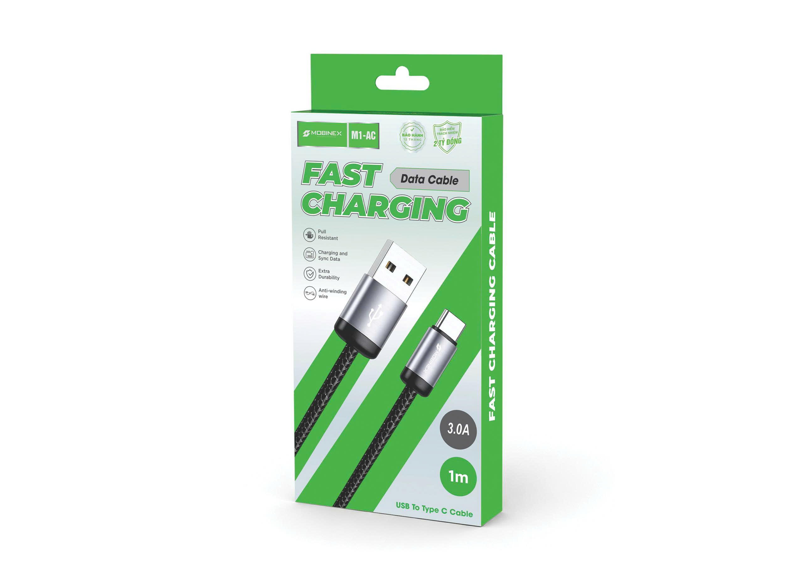 CÁP SẠC MOBINEX M1-AC. SẠC NHANH 3.0A . CHUẨN USB TO TYPE-C