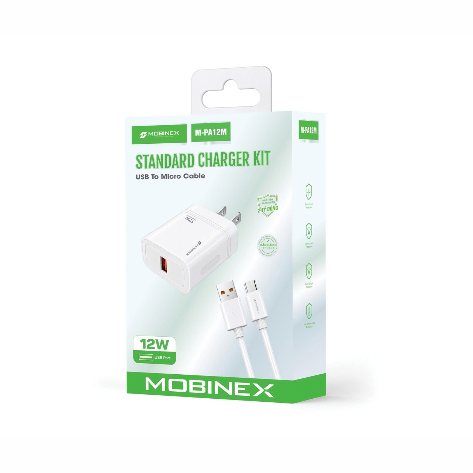 BỘ SẠC M-PA12M. THƯƠNG HIỆU MOBINEX. CÔNG SUẤT 12W, KÈM CÁP SẠC USB-A TO MICRO