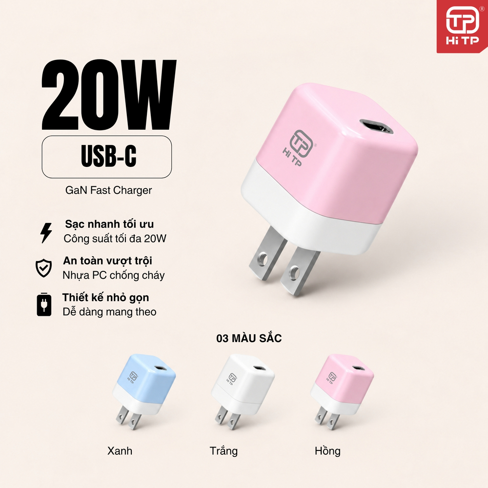 CỦ SẠC HC20C. 03 MÀU XANH/ HỒNG/ TRẮNG. CÔNG NGHỆ GAN 20W
