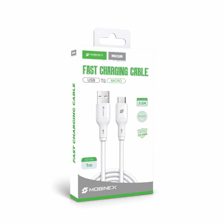 CÁP SẠC MOBINEX MD2AM - SẠC NHANH 3.0A, CHẤT LIỆU SILICONE, CHUẨN USB-A TO MICRO, DÀI 1M 