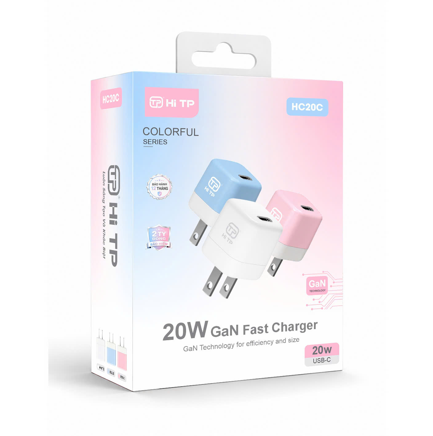 CỦ SẠC HC20C. 03 MÀU XANH/ HỒNG/ TRẮNG. CÔNG NGHỆ GAN 20W