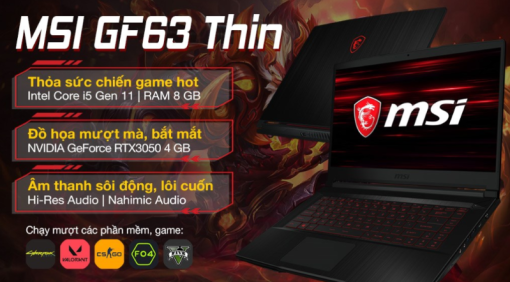 MSI GF63 Thin 11UC i5 11400H/8GB/512GB/4GB RTX3050/15.6"F/144Hz/Win11/Đen NEW