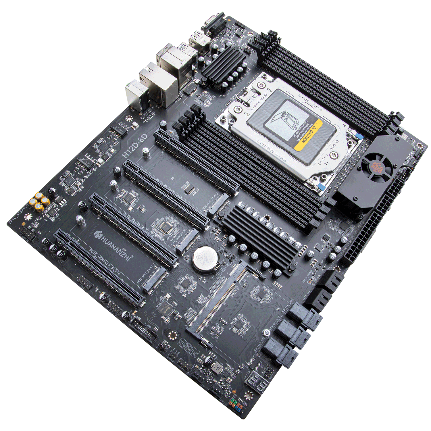 Mainboard HUANANZHI H12D-8D BMC - Màu sắc: Màu đen - CPU Socket: Hỗ trợ vi xử lý AMD EPYC, AMD EPYC 7002 (Rome), 7003(Milan) - Khe RAM: 08 khe cắm DDR4 - Bộ nhớ tiêu chuẩn: Hộ trợ tám kênh DIMM DDR4 3200/2933/2666/2400/2133MHz. Tối đa 2TB - Chân cắm ổ: 04 x SATA3.0 6Gbps, 3 x SFF-8643 (Hỗ trợ 12 SATA 3.0 6Gbps hoặc 3 PCIE 3.0/4.0 x4 U.2) - Khe cắm mở rộng: 04 x PCI Express3.0/4.0 x16 - Các cổng mở rộng: 03 x M.2 2280 PCI Express 3.0/4.0 x16 - Cổng âm thanh: CJC6811A - Cổng mạng: 2 cổng Intel I266V 2.5G, 1 x công IPMI (cần có BMC module), Realtek RTL8201F - Chân cắm nguồn: 24PIN + 8PIN + 8PIN - Chân cắm quạt: 6 x FAN PIN, CPU_FAN1 SYS_FAN - Nguồn cấp: 9+5 Phase Power Supply với 60A DR MOS - PCB layers: 14-layer PCB - Kích thước: 305mm x 245mm ATX - Các cổng mặt sau: 02 x USB2.0; 04 x USB3.2 Gen1; 03 x cổng mạng; 01 x 2-lỗ cắm âm thanh, 1 VGA - Các cổng mặt trước: 1 xUSB3.2 Gen1 PIN，1x USB2.0 PIN，1 x Front audio PIN，1 xCOM PIN，1xSMBUS PIN，1xNCSI PIN，1xPMBus PIN，1xMB_BIOS PIN, 1xDE_BUG diagnostic card，1xPower-on/Restart PIN - Hệ điều hành hỗ trợ: Windows/Linux - BIOS: AMI UEFI BIOS - MGMT Console: Module AS[EED AST2500 (BMC) độc lập, hỗ trợ IPMI 2.0. - Phụ kiện đi kèm: 01 x Motherboard; 02 x SATA Cable, 01 x Tấm chắn phía sau