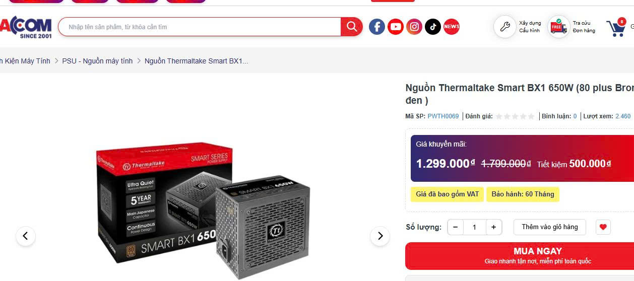 Nguồn Thermaltake Smart BX1 650W 80 Plus Cũ