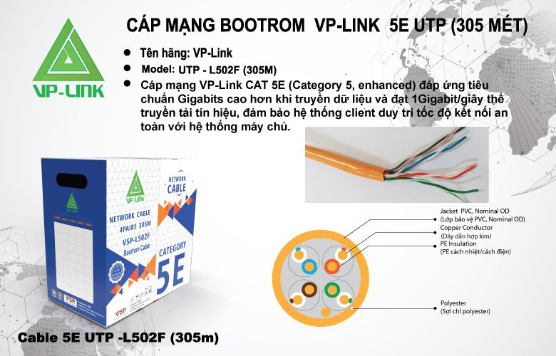 Cáp Mạng VP-LINK Cat 5E UTP L502F Bootrom 305M