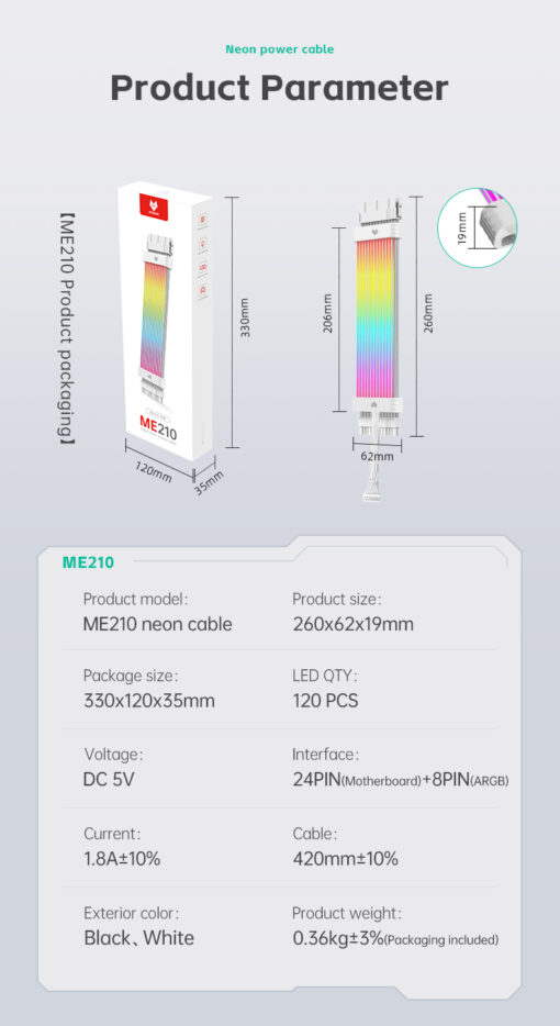 Dây nối dài nguồn Aosor ME210 24pin led ARGB màu trắng