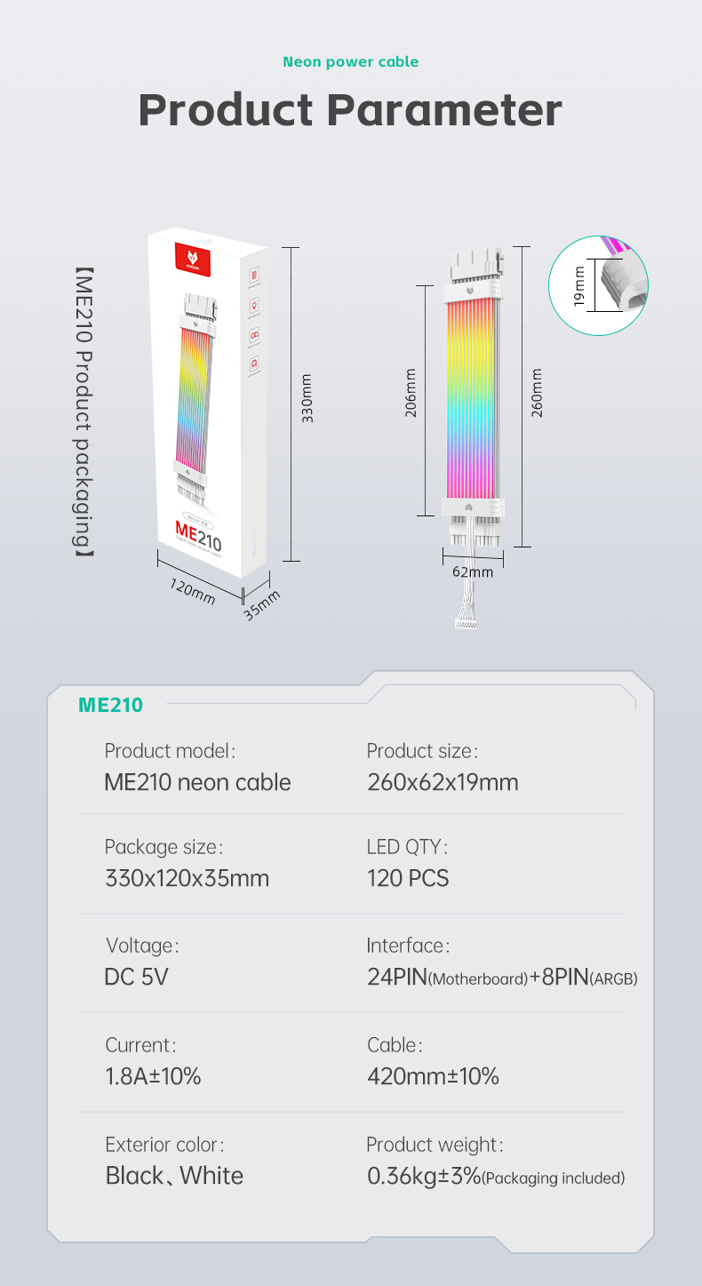 Dây nối dài nguồn Aosor ME210 24pin led ARGB màu trắng