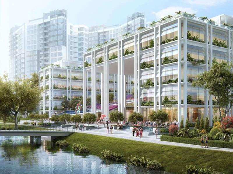 Không gian xanh kết hợp với một dòng sông nhỏ ở thành phố sinh thái Punggol của Singapore.