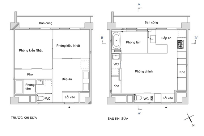Gia đình sống ở căn hộ 40 m2 ở Nhật gồm hai vợ chồng, hai con nhỏ. Không gian cũ có 2 phòng ngủ kiểu Nhật, bếp ăn, phòng tắm. Tuy nhiên, gia đình mong muốn có thêm chỗ chơi cho con, phòng tắm cũng cần rộng hơn.