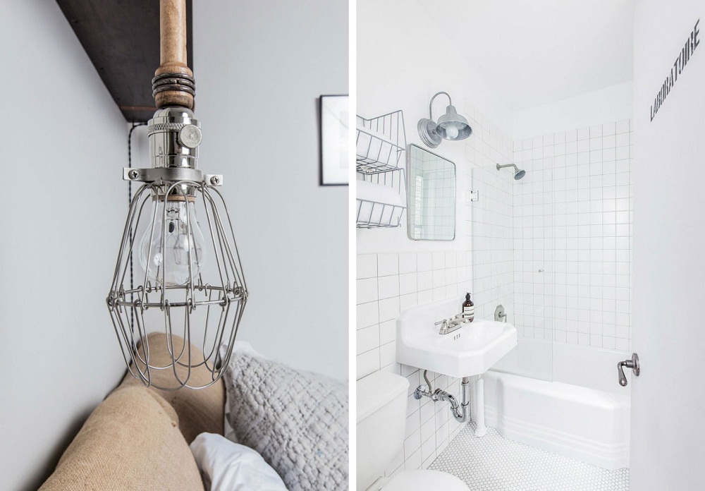 Cả không gian phòng tắm được bao trùm trong sắc trắng muốt, nhưng vẫn có những nét lôi cuốn riêng nhờ những mảng gạch penny làm nền, những khung đèn handmade độc nhất vô nhị.