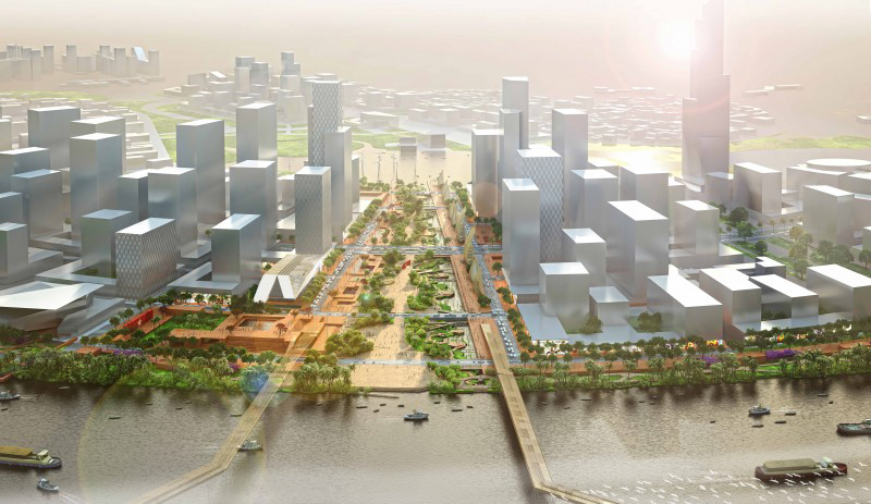 Toàn cảnh không gian Quảng trường Trung tâm và Công viên Bờ sông, thiết kế ý tưởng, quy hoạch 1/500 và cơ sở bởi DE - SO