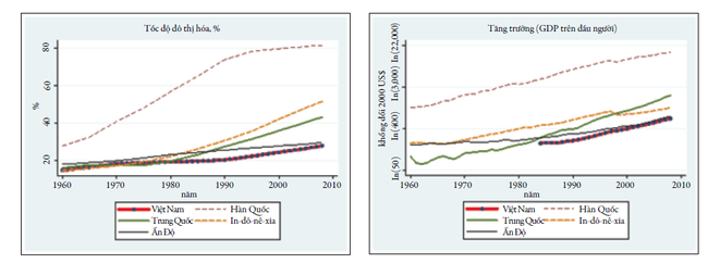 Hình 3. So sánh tốc độ đô thị hóa và tăng trưởng GDP giai đoạn 1960 – 2010. Nguồn: World Bank (2011)