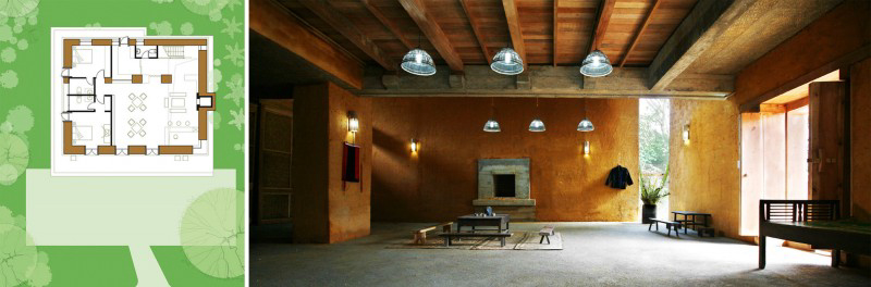 Mặt bằng bố trí tầng 1 và nội thất phòng sinh hoạt chung.