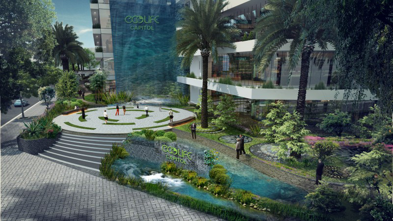 Dự án EcoLife Capitol được thiết kế hệ thống cây xanh 3 lớp và thác nước thẳng đứng từ tầng 5 xuống sảnh của dự án.