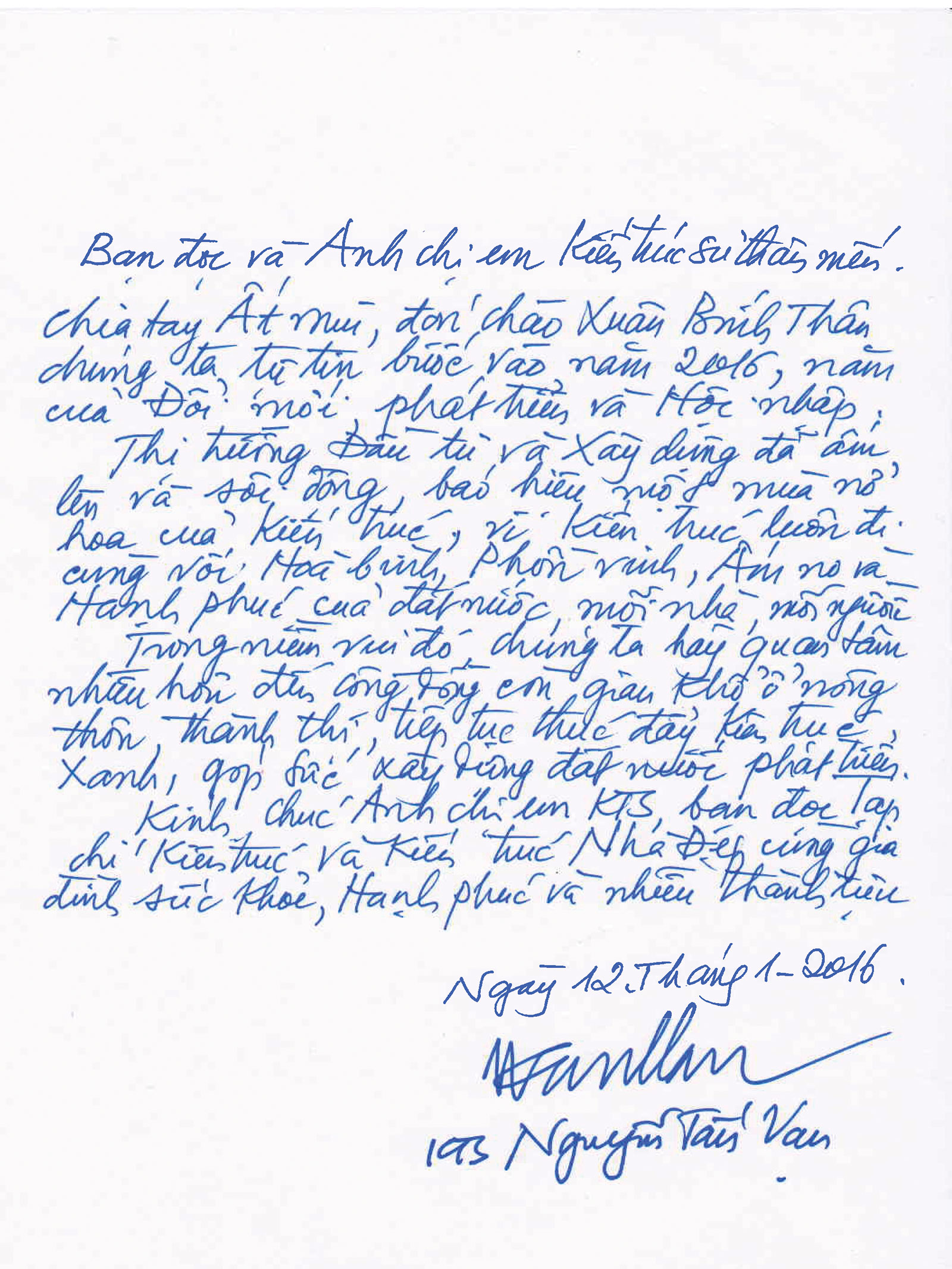 Thư Chúc Tết của KTS Nguyễn Tấn Vạn - Chủ tịch Hội KTS Việt Nam