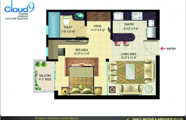 Căn hộ 1 phòng ngủ có tổng diện tích lớn (64m2) và đầy đủ các chức năng