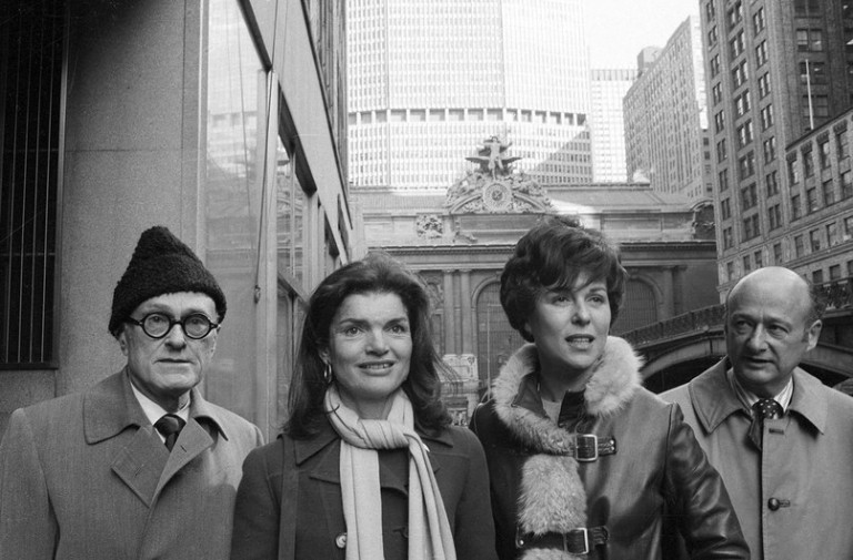 Philip Johnson, Jacqueline Kennedy Onassis, Bess Myerson, and Ed Koch leave Grand Central after a press conference announcing the Committee to Save Grand Central in 1975. Photo: Harry Harris / Courtesy of the Municipal Art Society of New York