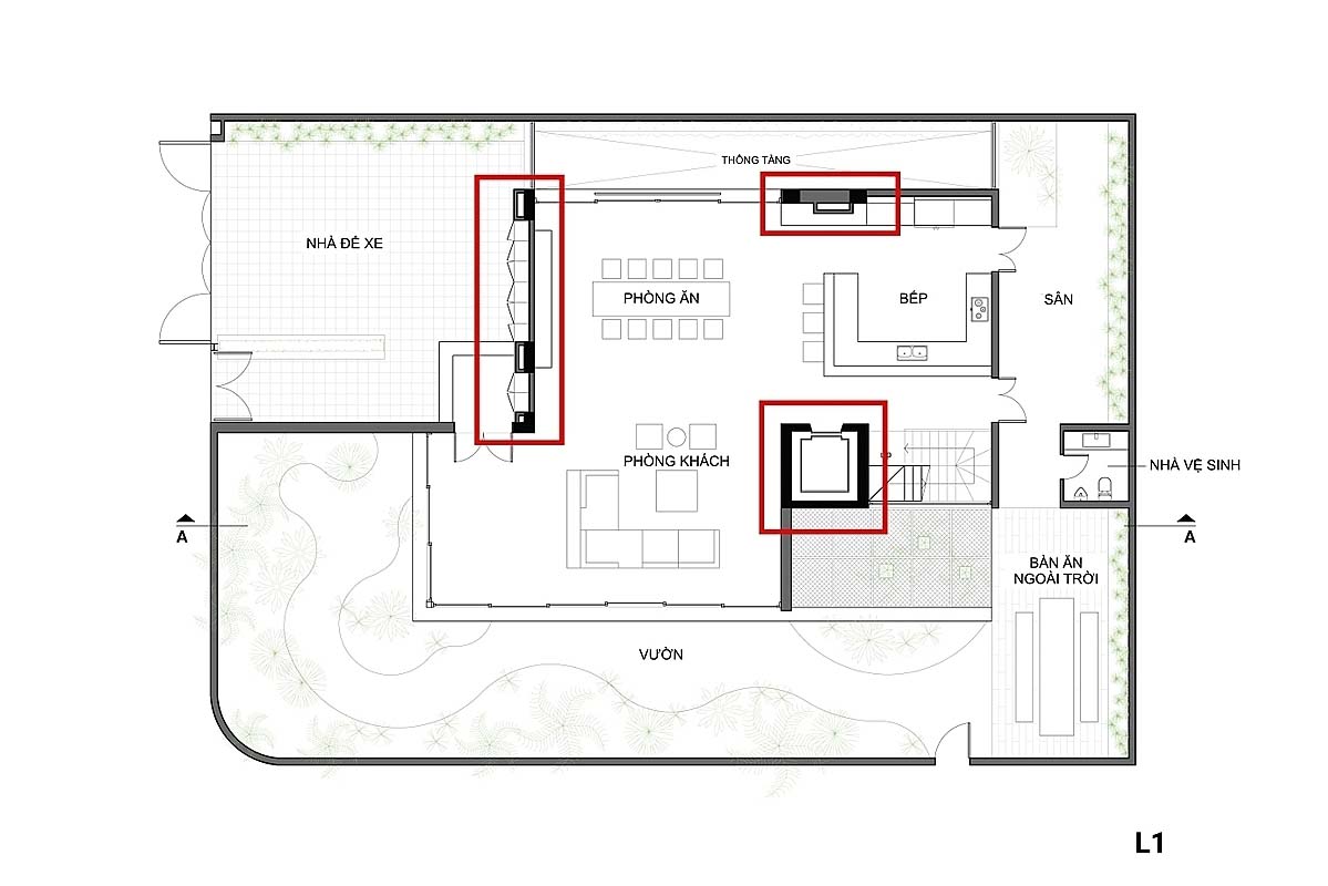 Vị trí các chân đế của nhà (khoanh đỏ).