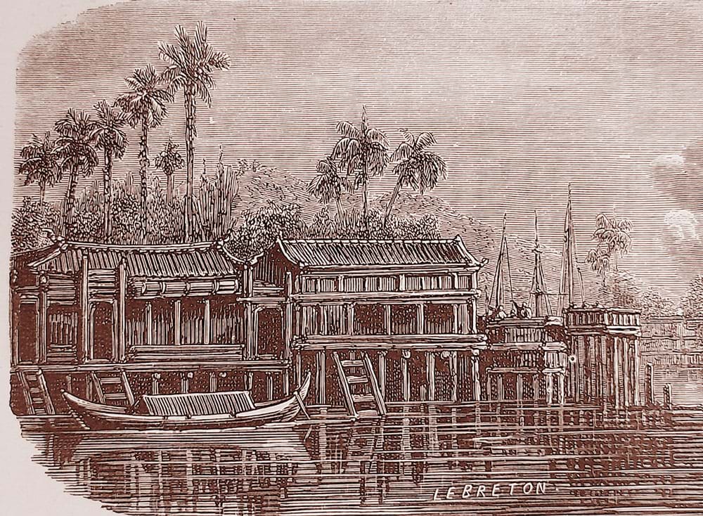Nhà cửa ven sông Sài Gòn giáp rạch Bến Nghé, trích tranh vẽ trên báo Pháp Le Monde Illustration 4.1859 (ảnh tác giả sưu tầm)