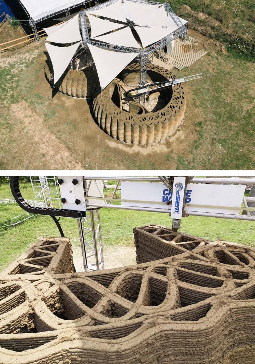 350 lớp đất sét được in làm thành tường nhà. Ảnh: Italdron & Wasp.