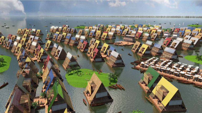 Trung tâm âm nhạc nổi nằm trong dự án "Các Thành phố Trên Nước Ở châu Phi" của NLÉ, dự án nhằm tìm kiếm những cách làm mới để giúp các cộng đồng ven bờ có thể sống chung với nước dâng. Thay vì chống chọi với nước, Adeyemi nói, họ muốn học cách sống chung với nó. (Ảnh: NLE)