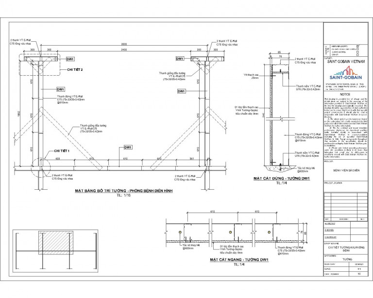 Mặt cắt vách ngăn ứng dụng các sản phẩm Saint-Gobain Việt Nam tại bệnh viện dã chiến cải tạo từ không gian có sẵn
