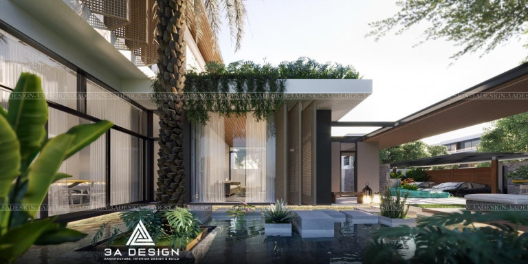 Hồ nước tạo địa thế phong thủy “tựa sơn – hướng thủy” giúp mang đến vượng khí cho gia chủ