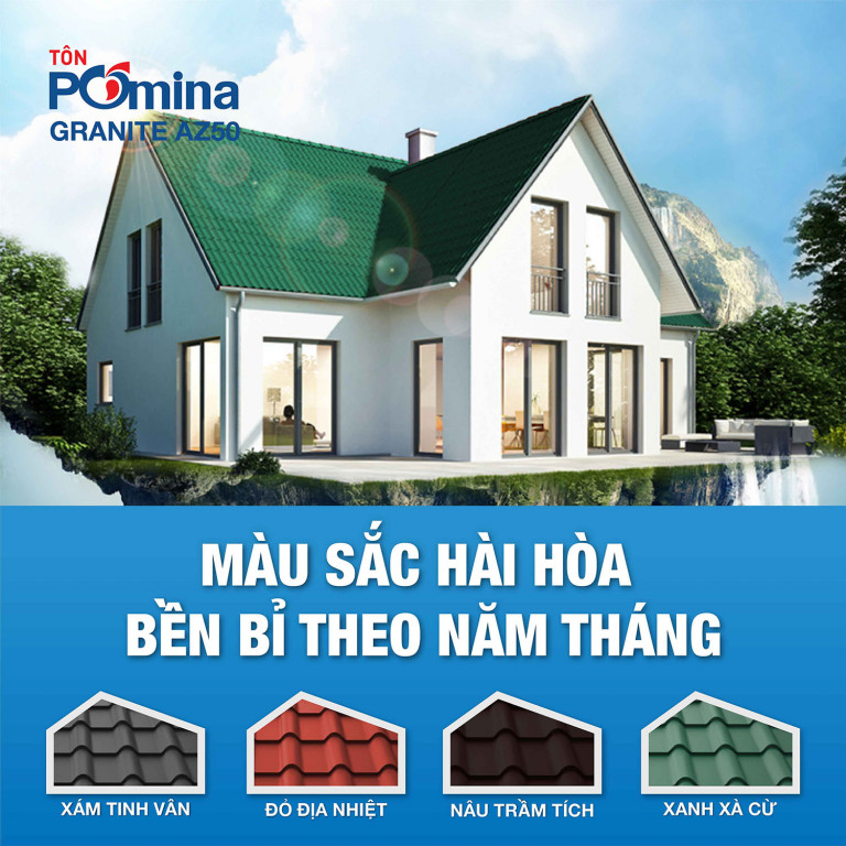  Hiện tại, Tôn Pomina Granite đang có mặt tại thị trường với 4 gam màu chủ đạo: Xám – Đỏ - Nâu - Xanh
