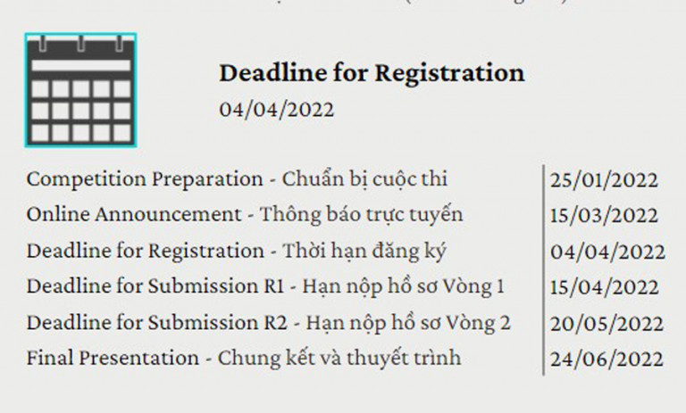 Deadline đăng ký và hạn nộp bài cho từng vòng thi (Ảnh: greends)