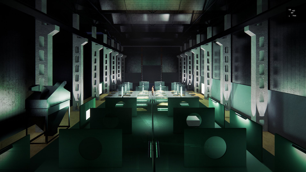 Hình ảnh phối cảnh cho triển lãm “Kiến trúc, Nhà máy và Vẽ (lại) giấc mơ hiện đại” đặt tại Kho 10B