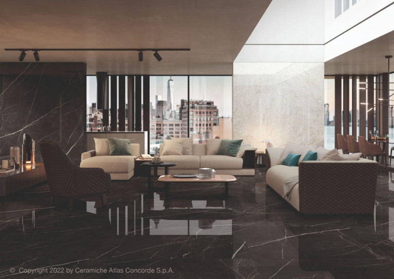 Sảnh tiếp khách sang trọng sử dụng mẫu gạch marble hoa văn đá marble Calacatta.