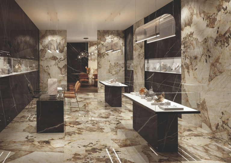 Không gian trưng bày trang sức ấn tượng nhờ gạch marble Patagonia màu sa mạc.