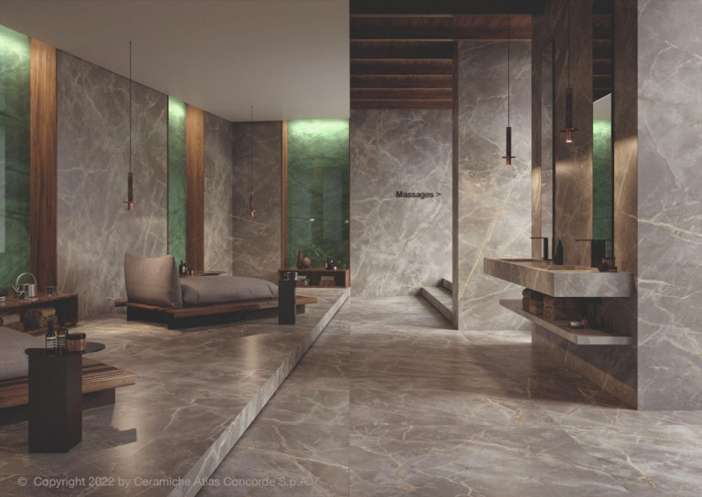 Không gian spa được ốp lát xuyên suốt bằng gạch marble màu xám khói tạo nên cảm giác nhẹ nhàng thư thái.