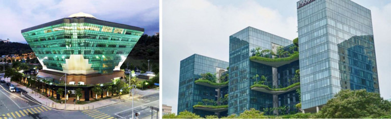 Hình 2. Một số công trình sử dụng kính tại Malaisia và Singapore nhưng đạt hiệu quả năng lượng và thẩm mỹ