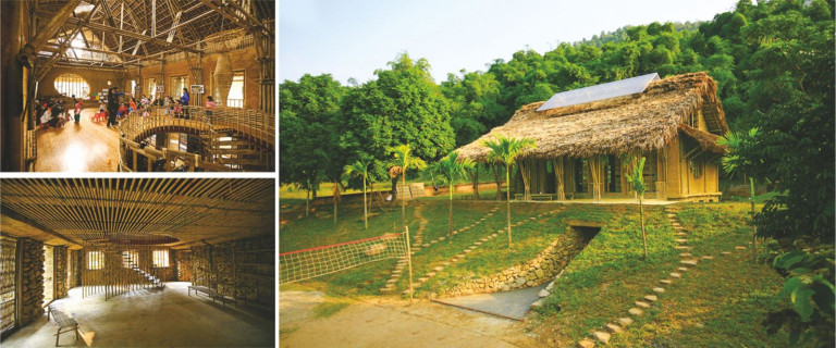 Hình 3. Nhà cộng đồng Suối Rè, Hòa Bình, 2012, KTS Hoàng Thúc Hào. Hình ảnh nhà Mường nhà Kinh được kết hợp với các giải pháp sáng tạo và học hỏi về vật liệu, kỹ thuật xây dựng… và tích hợp các giải pháp năng lượng trong công trình (Nguồn ảnh: Tạp chí Kiến trúc - Hội KTSVN)