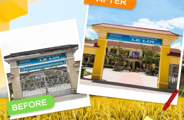 Trường THCS Lê Lợi khoác lên sắc vàng rực rỡ từ bảng màu “Sắc Vàng Lúa Chín”, tạo nên một không gian học tập đầy sức sống và ấm áp.