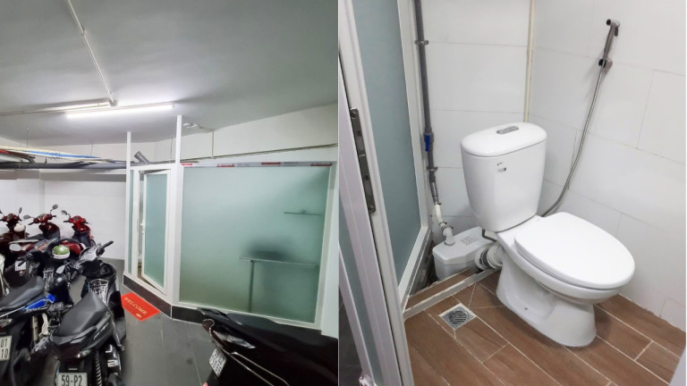 Góc tầng hầm bỏ trống được tận dụng để xây phòng tắm tiện lợi cho người sử dụng
