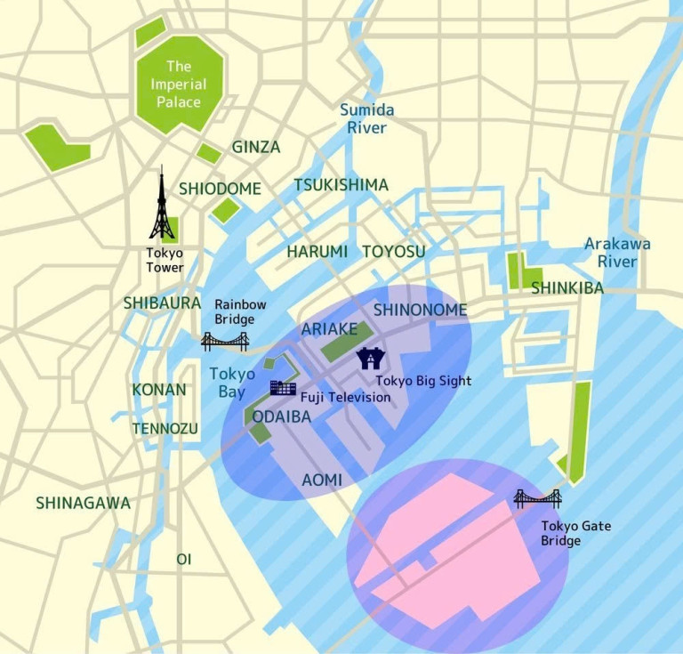 Bản đồ khu vực lấn biển Odaiba tại vịnh Tokyo.