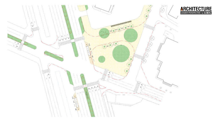 Phương án nối các phần đảo trung tâm phía trên thành không gian công cộng, bổ sung các tiện ích, cây xanh tăng thêm các diện tích cho người đi bộ. (Nguồn: tác giả)
