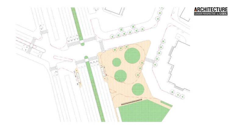 Phương án nối các phần đảo trung tâm phía dưới thành không gian công cộng, bổ sung các tiện ích, cây xanh tăng thêm các diện tích cho người đi bộ. (Nguồn: tác giả)