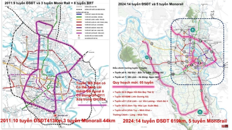 So sánh 2 Sơ đồ ĐSĐT 10 tuyến trong QHC 2011 với 14 tuyến trong Điều chỉnh QHC 2024: bỏ tuyến kết nối ngoại ô tạo ra vòng tròn lớn, vẽ thêm 5 tuyến phân tán, rời rạc.