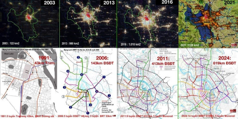 Diện tích đô thị Hà Nội thay đổi qua bản đồ phát sáng ban đêm từ 2003 đến 2021