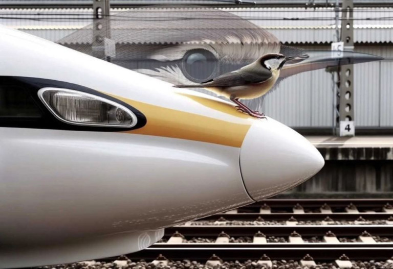 Tàu cao tốc Shinkansen của Nhật Bản với phần mũi tàu được thiết kế mô phỏng phần mỏ chim bói cá (Nguồn: Michaël – 2023)